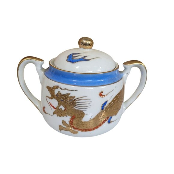 Vintage Japanese Porcelain Sugar Bowl With Lid & Double Handles Dragon Design Go - Picture 1 of 10